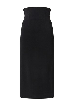 Falda lápiz midi negra con una pretina alta y estructurada. Confeccionada con tela lisa de acabado mate elegante, sin patrones ni adornos visibles.