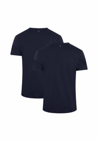 Camisetas de algodón en azul marino con cuello redondo clásico y mangas cortas, que presentan un diseño sencillo y una tela suave y texturizada.