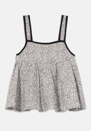 Top blanco sin mangas con patrón abstracto de puntos negros y ribete negro en las tiras y el escote, cintura fruncida para vuelo.