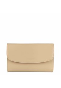 Beige leather wallet with a flap closure, smooth texture, and embossed "Lancaster Paris" logo on the front. Rectangular shape with rounded edges.