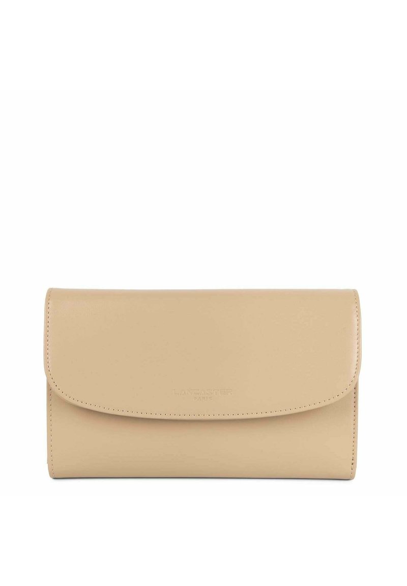 Beige leather wallet with a flap closure, smooth texture, and embossed "Lancaster Paris" logo on the front. Rectangular shape with rounded edges.