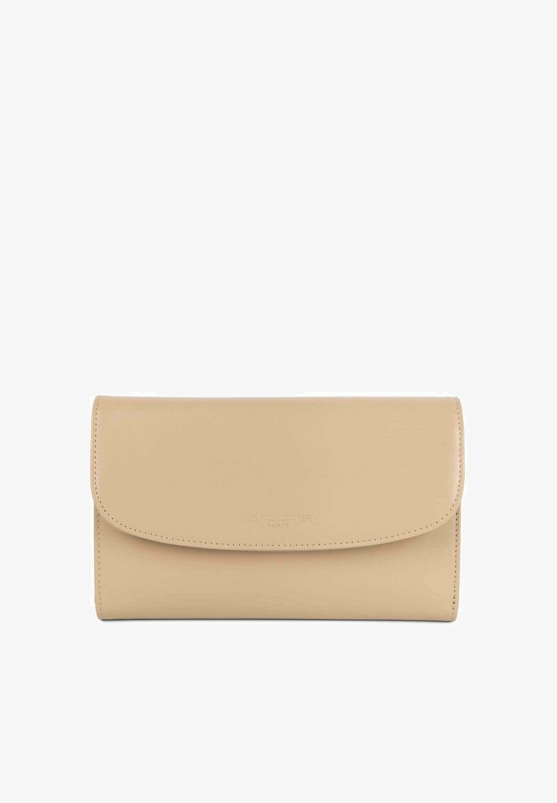 Beige leather wallet with a flap closure, smooth texture, and embossed "Lancaster Paris" logo on the front. Rectangular shape with rounded edges.