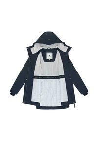 Námornícky modrá vonkajšia bunda s mäkkou bielou fleece podšívkou. Zdobená zipsom, kapucňou a rebrovanými manžetami. Na vnútornej etikete.