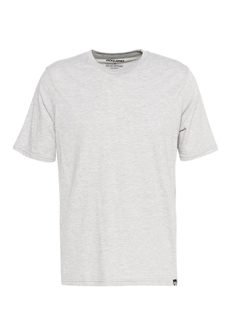 T-shirt à manches courtes gris clair en mélange de coton doux. Col rond, ourlet droit et petite étiquette de marque en bas à gauche.