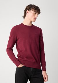 Burgunderfarget strikkegenser med lange ermer, rund hals og ribbestrikkede mansjetter. Har en liten logo på brystet. Kombinert med svarte bukser.