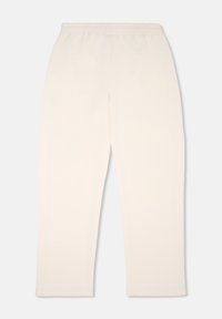 Pantalones ligeros de color beige, con cintura elástica y diseño de pierna recta. Tejido suave, sin costuras ni patrones visibles, terminados con dobladillos acampanados.