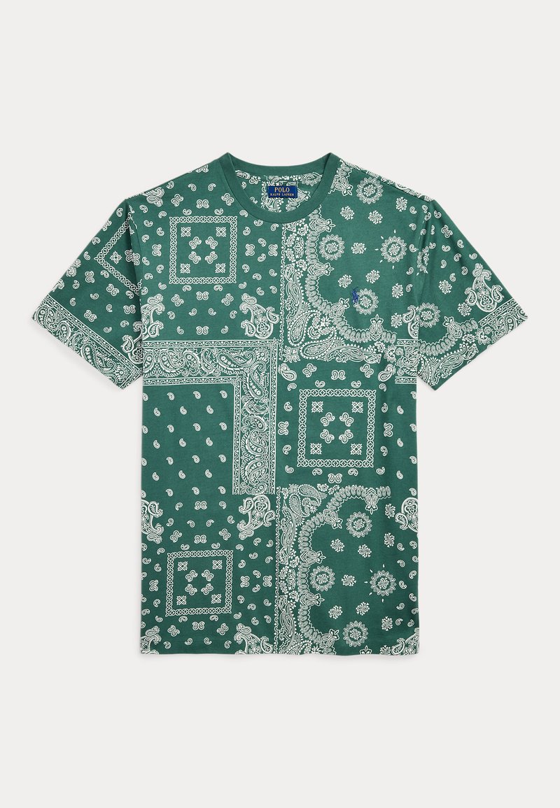 Zielona bawełniana koszulka z białymi wzorami paisley i geometrycznymi, z okrągłym dekoltem i krótkimi rękawami.