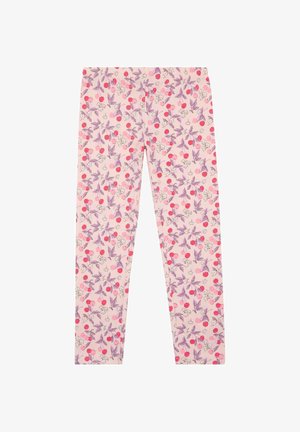 Leggings aus hellrosa Stoff mit einem Blumenmuster aus violetten Blättern und roten Kirschen, mit einem engen, figurbetonten Schnitt.