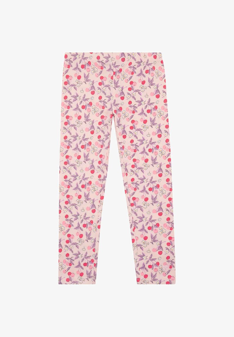 Leggings aus hellrosa Stoff mit einem Blumenmuster aus violetten Blättern und roten Kirschen, mit einem engen, figurbetonten Schnitt.