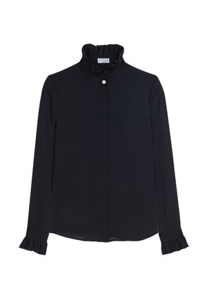 Blouse navy avec col et poignets volantés, dotée d'une fermeture à boutons en perles. Tissu lisse avec des manches longues et une silhouette cintrée.