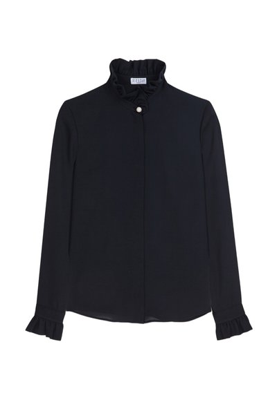Blusa blu navy con colletto e polsini arricciati, dotata di chiusura con bottone di perla. Tessuto liscio con maniche lunghe e silhouette sartoriale.