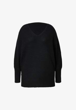 Pull en maille noir à coupe ample, décolleté en V et épaules tombantes. Surface texturée avec un motif légèrement irrégulier.
