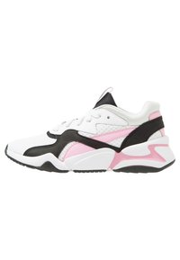 White sneaker with black and pink accents, textured upper, lace-up closure, and thick sole designed for athletic or casual wear.