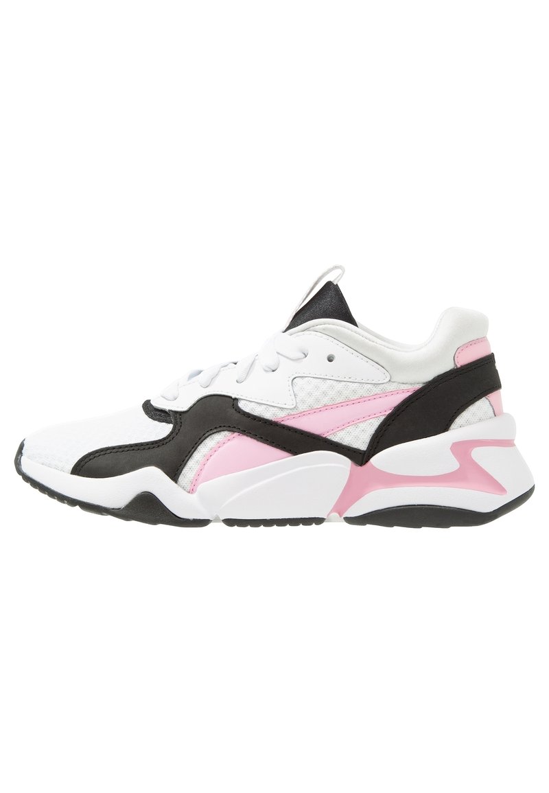 White sneaker with black and pink accents, textured upper, lace-up closure, and thick sole designed for athletic or casual wear.