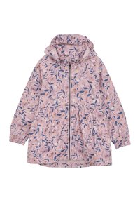 Lettet lyserød jakke med et blomstermønster i lilla og gul. Har hætte, elastiske manchetter og en lynlås foran. Casual fit.