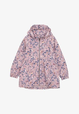 Lettet lyserød jakke med et blomstermønster i lilla og gul. Har hætte, elastiske manchetter og en lynlås foran. Casual fit.