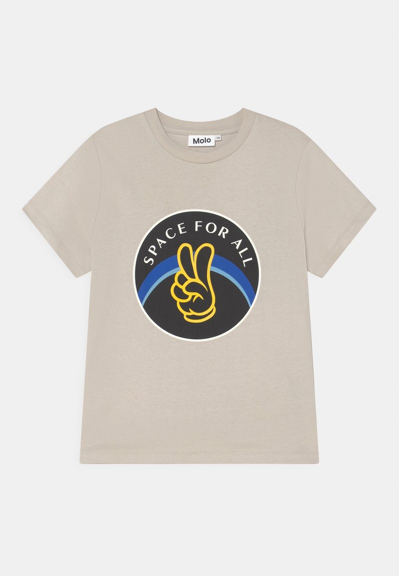 Beige short-sleeve t-shirt with black circular logo, blue arch, yellow peace hand sign, and white text "SPACE FOR ALL" on front.