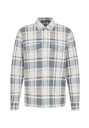 Moška karo srajca z belimi, zelenimi in mornarsko modrimi kvadratki, dolgimi rokavi, ovratnikom in zapenjanjem na gumbe spredaj z dvema prsnikoma žepoma. Mehka tkanina.