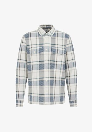 Férfi kockás ing fehér, zöld és tengerészkék kockákkal, hosszú ujjú, galléros, gombos előrésszel és két mellzsebbel. Puha anyagból.