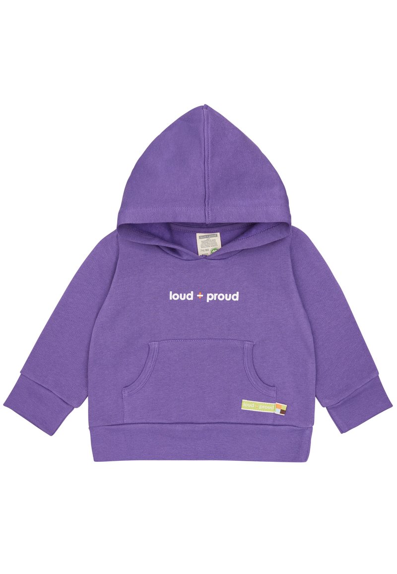 Felpa con cappuccio viola realizzata in morbido tessuto, dotata di una tasca frontale e della scritta "loud + proud" in bianco. Presenta un'etichetta piccola sul lato.