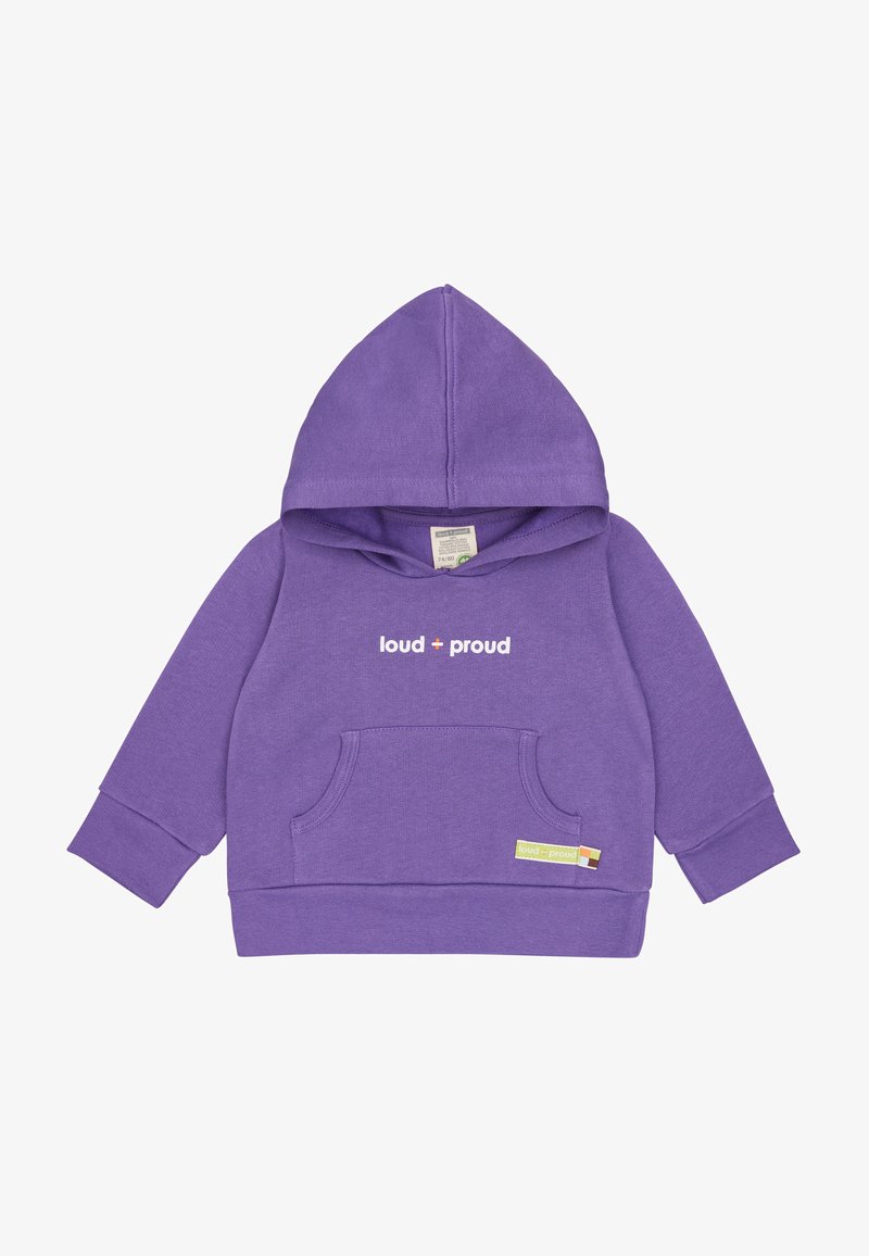Felpa con cappuccio viola realizzata in morbido tessuto, dotata di una tasca frontale e della scritta "loud + proud" in bianco. Presenta un'etichetta piccola sul lato.