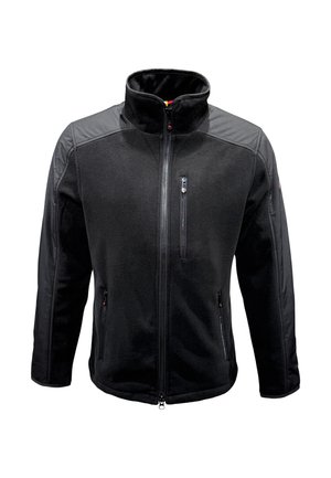 Schwarze Fleecejacke mit durchgehendem Frontreißverschluss, Reißverschluss-Brusttasche und Reißverschluss-Handtaschen, mit verstärkten Schulter- und Ärmelpanelen.