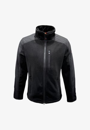 Schwarze Fleecejacke mit durchgehendem Frontreißverschluss, Reißverschluss-Brusttasche und Reißverschluss-Handtaschen, mit verstärkten Schulter- und Ärmelpanelen.