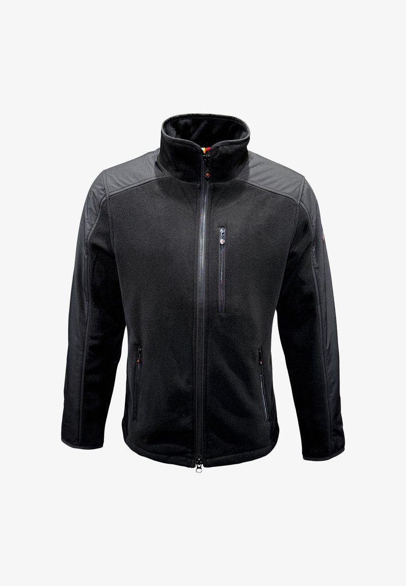 Veste polaire noire avec fermeture éclair intégrale à l'avant, poche poitrine zippée et poches mains zippées, avec panneaux renforcés aux épaules et aux manches.