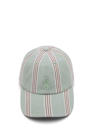 Casquette de baseball vert clair avec des rayures verticales blanches et marron et un petit logo brodé au centre avant.