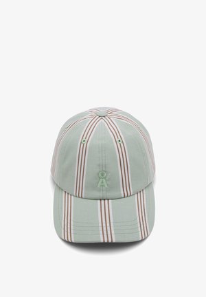 Lichtgroene baseballpet met verticale witte en bruine strepen en een klein gestikt logo aan de voorkant in het midden.