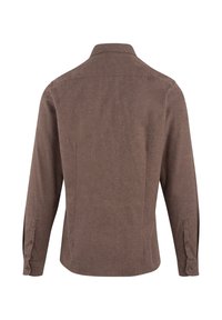 Brun langermet skjorte med krage, knappede mansjetter, strukturert stoff og bakre skulderstykke, med rett nederkant og uten mønstre.