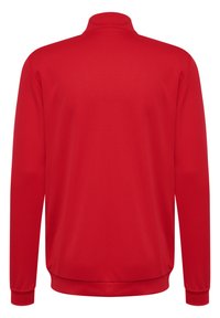 Rød sweatshirt med lange ærmer, høj krave, elastiske manchetter og en tekstureret stof, med et ensfarvet design og ingen synlige logoer.