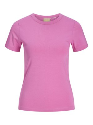 Ροζ κοντομάνικο μπλουζάκι με στρογγυλή λαιμόκοψη, εφαρμοστό, με λείο ύφασμα και διακριτικές ραφές.