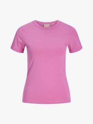 Ροζ κοντομάνικο μπλουζάκι με στρογγυλή λαιμόκοψη, εφαρμοστό, με λείο ύφασμα και διακριτικές ραφές.