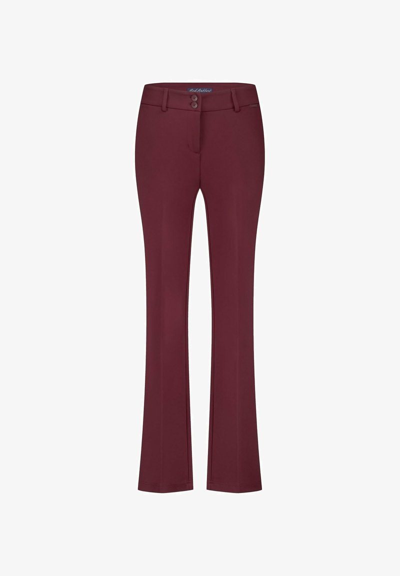 Pantalon bordeaux avec une coupe droite, doté de deux boutons à l'avant et d'une texture lisse. Fabriqué en tissus extensible pour plus de confort.