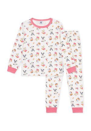Weiße Kinder-Langarm-Pyjamas mit roten gestreiften Bündchen und Kragen, mit bunten Tier- und Croissant-Drucken.