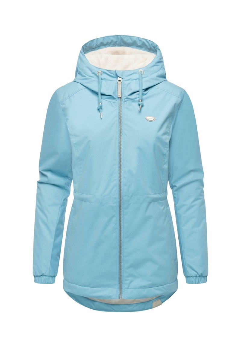 Light blue, lightweight jacket with a zip front, elastic cuffs, adjustable hood, and a lined interior. Features a small logo on the chest.