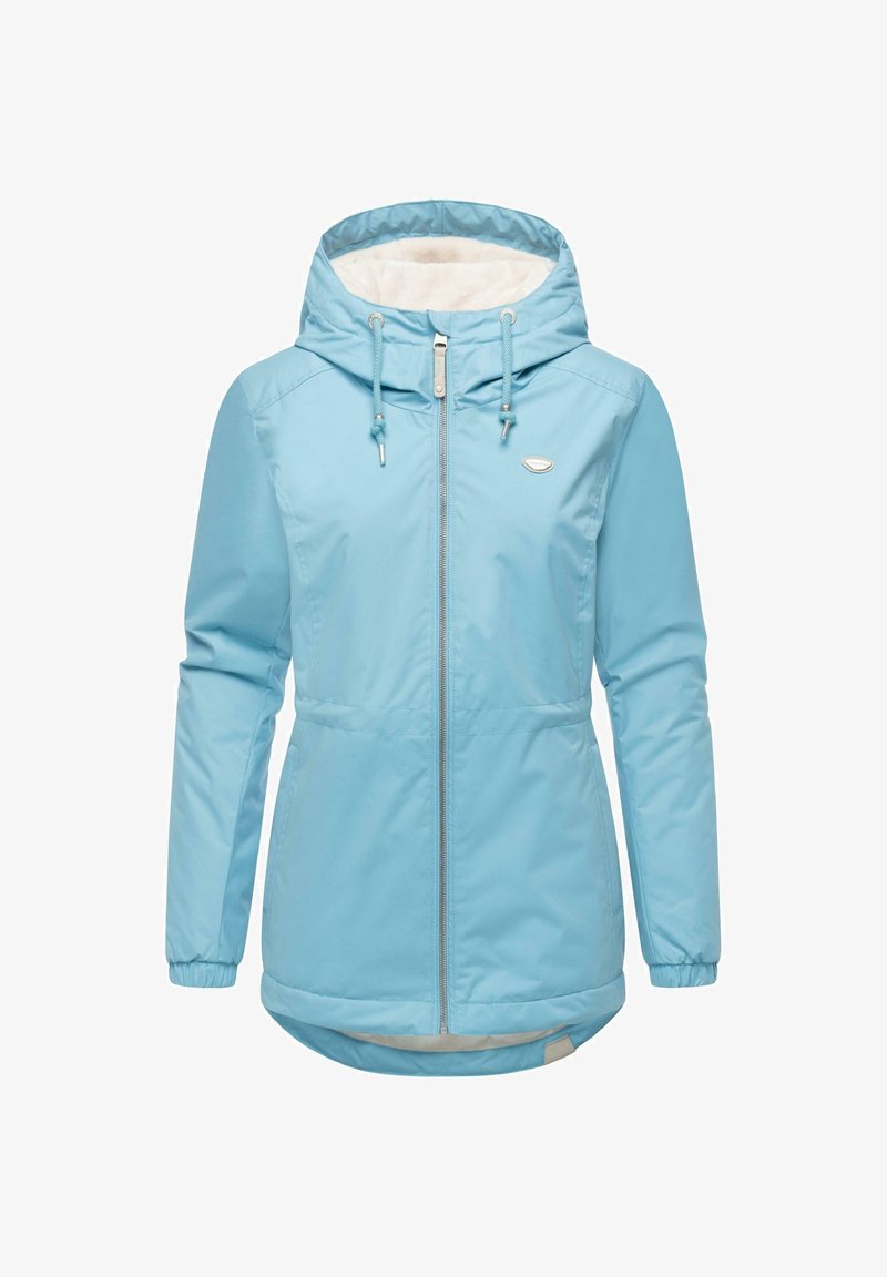 Light blue, lightweight jacket with a zip front, elastic cuffs, adjustable hood, and a lined interior. Features a small logo on the chest.