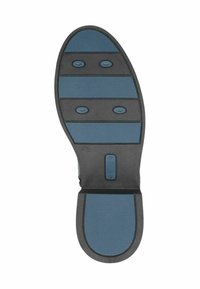 Schuhsohle mit einer schwarzen Außenlage und einem strukturierten blauen Einlage, ausgestattet mit fünf kreisförmigen Grip-Mustern und einem zentralen Branding-Rechteck.