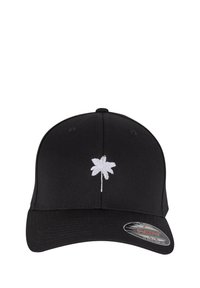 Black cap with a structured design features a white palm tree embroidery on the front. Includes a contrasting curved brim and logo tag.