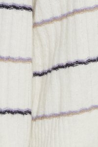 Tessuto bianco testurizzato con strisce orizzontali in viola, nero e beige. Il materiale appare morbido e peloso, con righe visibili.