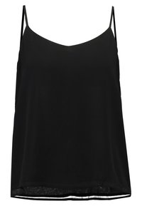 Top nero senza maniche con scollatura a V, realizzato in tessuto leggero. Caratterizzato da spalline sottili e orlo dritto con una leggera lucentezza.