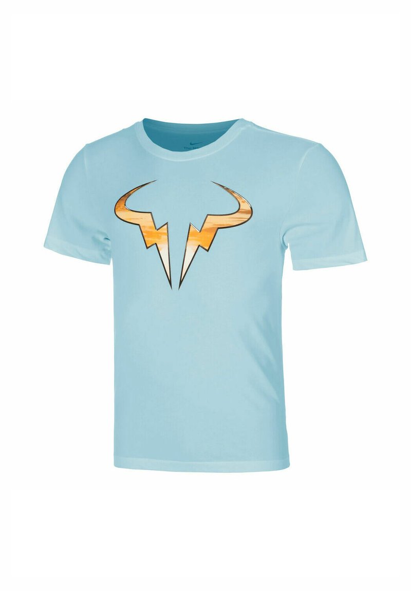 T-shirt en coton bleu clair avec un grand graphisme représentant un logo de taureau dans des tons orange et marron, encolure ronde et manches courtes.