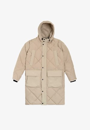 Beige vuorattu takki hupulla, jossa on etuvetoketju, kaksi suurta taskua ja mustat hihansuut kontrastivärinä. Sileä pinta ja lämmin muotoilu.