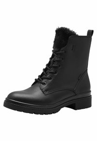 Botas de tobillo de cuero negro con forro de piel sintética, cordones en la parte delantera y suela robusta. Presenta un tacón cuadrado y detalles de costura en contraste.