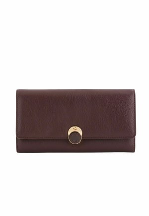 Dark brown leather wallet, rectangular shape, features a gold-tone circular clasp, textured surface, and stitched edges for detail.