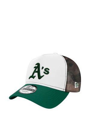 Baseball cap with white front, green brim, and black mesh back, featuring green embroidered "A's" logo on front panel.
