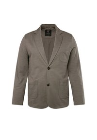 Grauer Blazer aus leichtem Stoff, mit Reverskragen, Ein-Knopf-Verschluss und zwei aufgesetzten Fronttaschen.