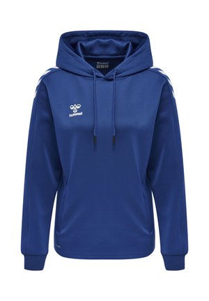 Sweat à capuche bleu à manches longues avec cordons, bandes chevron blanches sur les épaules, poche kangourou à l'avant et logo hummel blanc sur la poitrine.