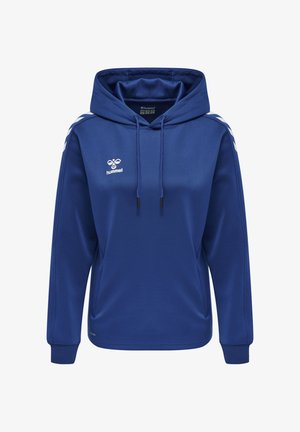Sweat à capuche bleu à manches longues avec cordons, bandes chevron blanches sur les épaules, poche kangourou à l'avant et logo hummel blanc sur la poitrine.